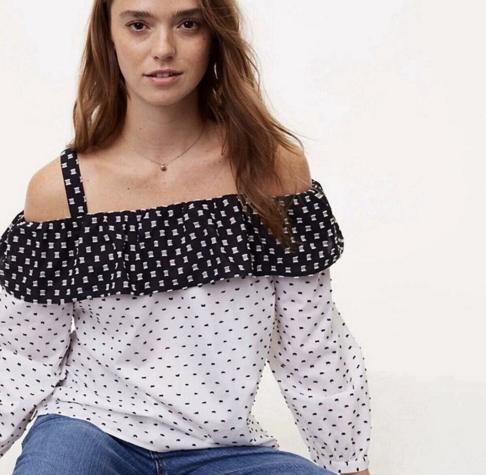 Ann Taylor Loft Black White Color Block Swiss Dot Cold Shoulder Top Blouse XS